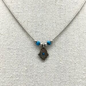 Vintage Liquid Sterling Silver Hamsa‎ Necklace Turquoise Signed 925